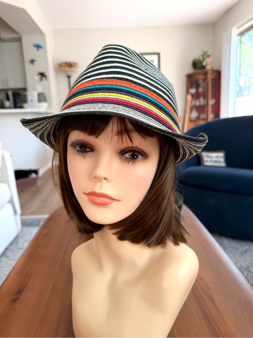NWT UPF 50+ Striped Fedora Sun Hat Black White Rainbow Band Paper Straw One Size